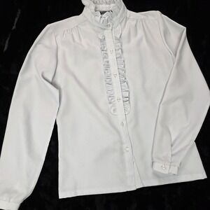 Dova Ruffle Blouse Womens 10 Light Blue Vintage High Neck Tuxedo Top EUC